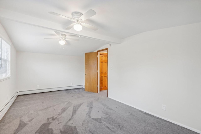 spare room featuring ceiling fan, light carpet, lofted ceiling with beams, and a baseboard heating unit