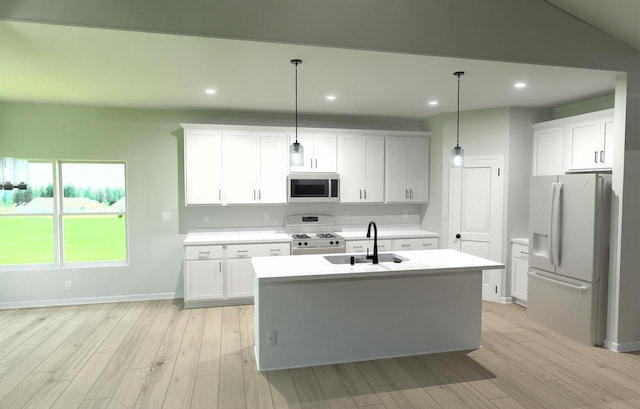 kitchen with white cabinetry, white appliances, sink, and hanging light fixtures