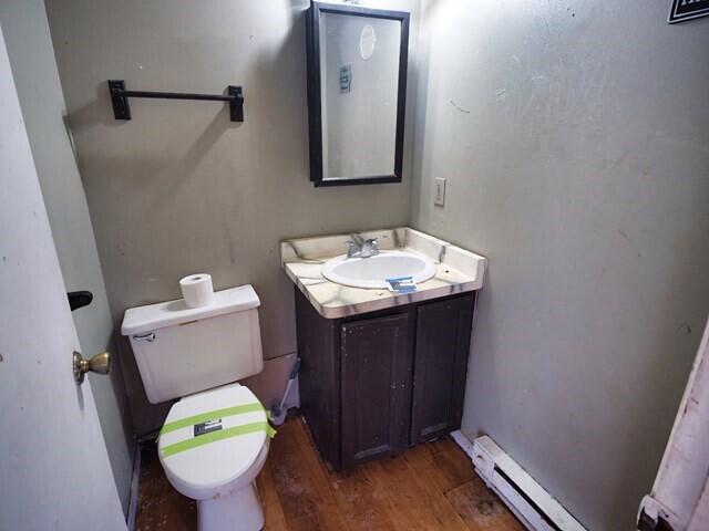 bathroom featuring hardwood / wood-style floors, vanity, and toilet