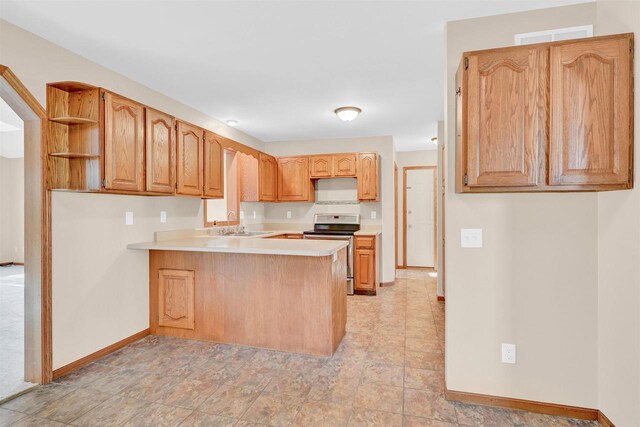 kitchen featuring stainless steel range, kitchen peninsula, and sink