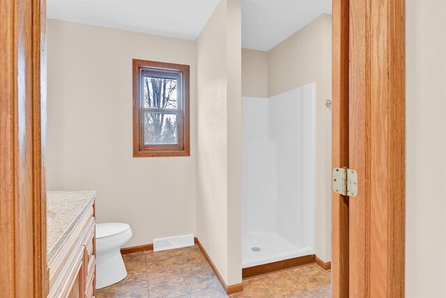 bathroom with vanity, toilet, and walk in shower