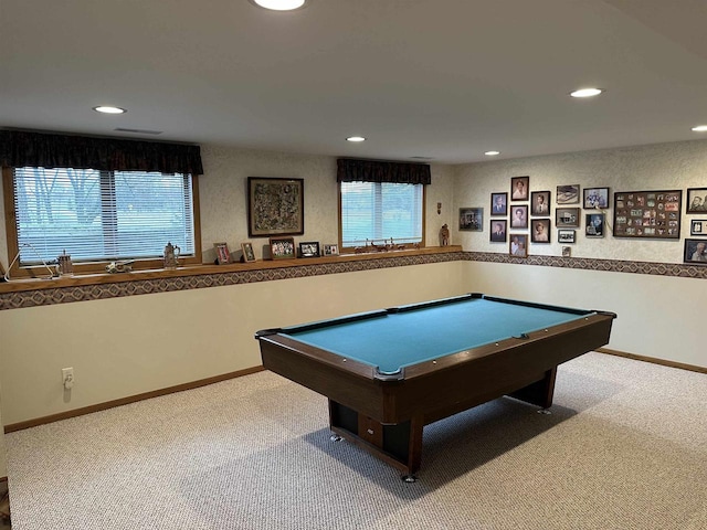 playroom featuring a wealth of natural light, light colored carpet, and billiards