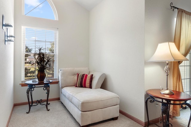 sitting room featuring light carpet and lofted ceiling