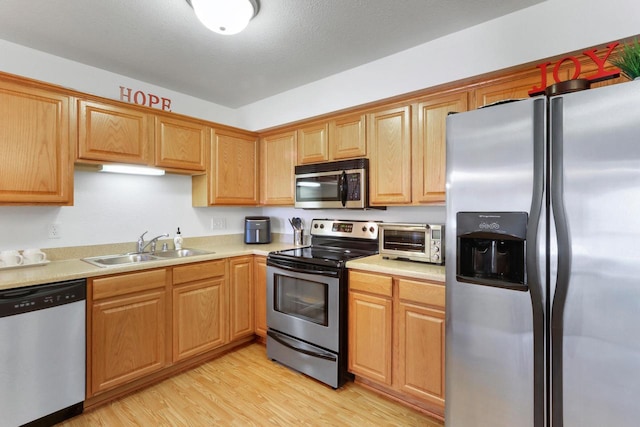 kitchen featuring sink, light wood-type flooring, a textured ceiling, and appliances with stainless steel finishes