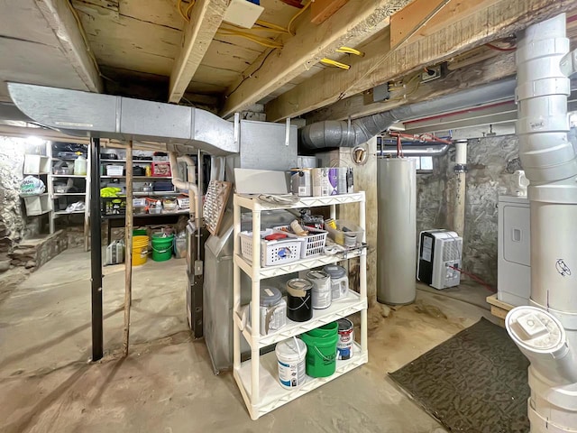 basement featuring separate washer and dryer and water heater