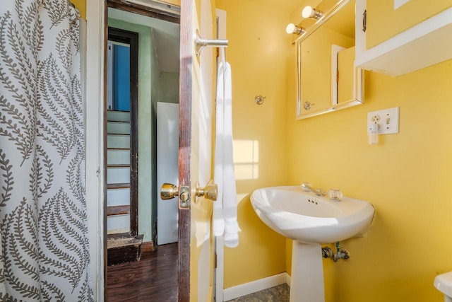 bathroom with wood-type flooring