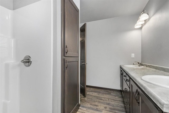 bathroom with hardwood / wood-style flooring and vanity