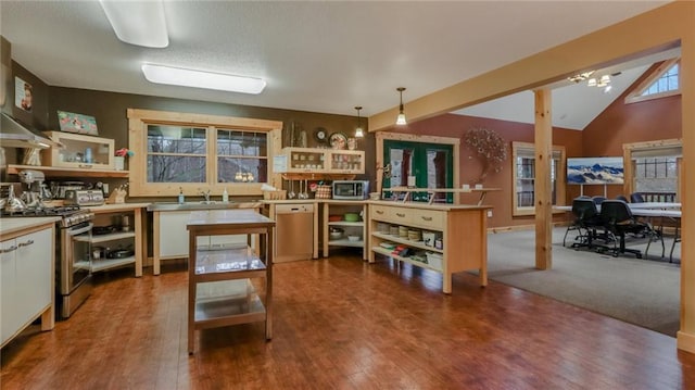 kitchen featuring stainless steel appliances, hardwood / wood-style flooring, white cabinets, hanging light fixtures, and lofted ceiling