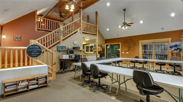 game room with ceiling fan, high vaulted ceiling, and light carpet