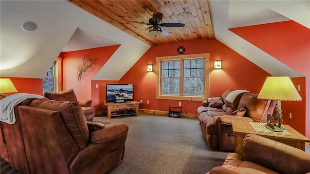 home theater room featuring carpet, ceiling fan, wooden ceiling, and vaulted ceiling