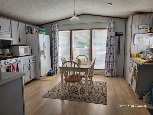 kitchen with range hood, light hardwood / wood-style floors, lofted ceiling, and white appliances