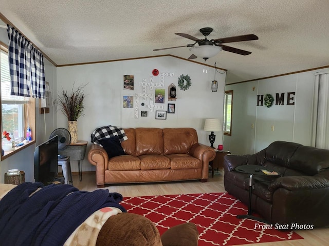 living room with wood-type flooring, a textured ceiling, ceiling fan, and crown molding