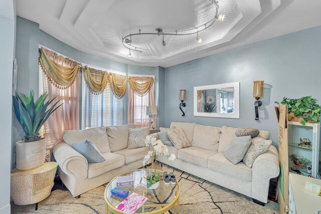 living room featuring carpet, a raised ceiling, and track lighting