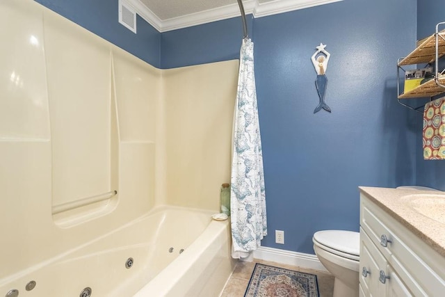 full bathroom featuring vanity, tile patterned floors, crown molding, toilet, and shower / tub combo