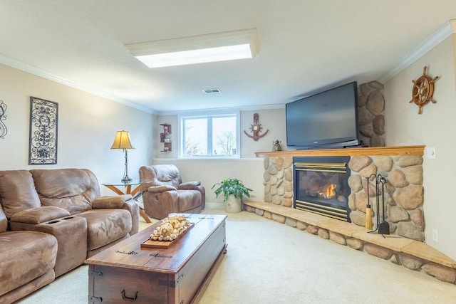 carpeted living room with crown molding and a fireplace