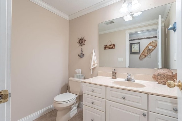 bathroom with tile patterned flooring, vanity, toilet, and crown molding