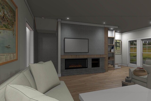 227 3rd Ave Unit 19, Fontana, WI 53125 - living area with wood finished floors, a premium fireplace, and recessed lighting
