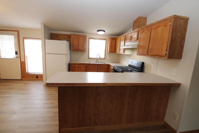 kitchen featuring white refrigerator, black stove, kitchen peninsula, and sink