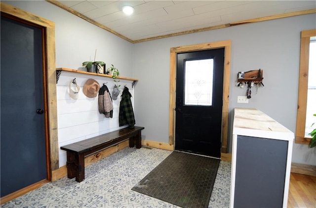 mudroom featuring light hardwood / wood-style floors and crown molding