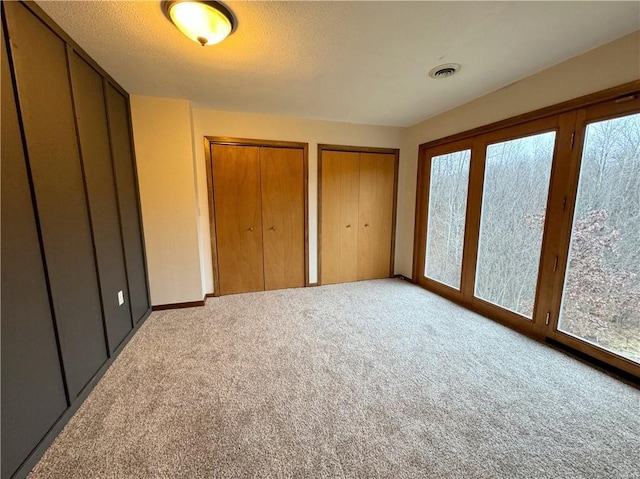 unfurnished bedroom featuring multiple windows, multiple closets, and light colored carpet