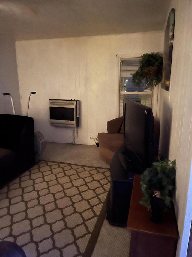 carpeted living room with heating unit