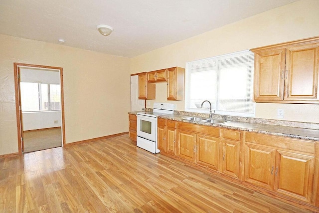 kitchen featuring electric range, a healthy amount of sunlight, light wood-type flooring, and sink