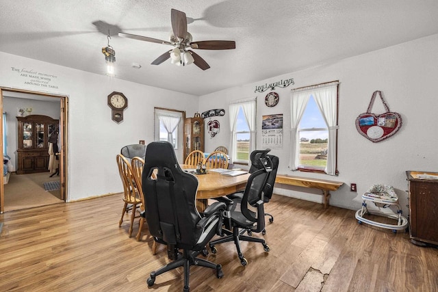 dining area with ceiling fan, a textured ceiling, and light hardwood / wood-style flooring