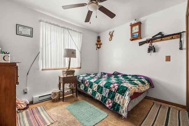 bedroom with ceiling fan and a baseboard radiator