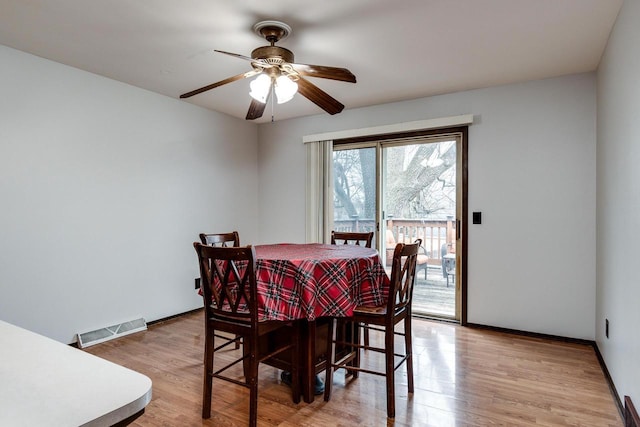 dining room featuring ceiling fan and light hardwood / wood-style floors