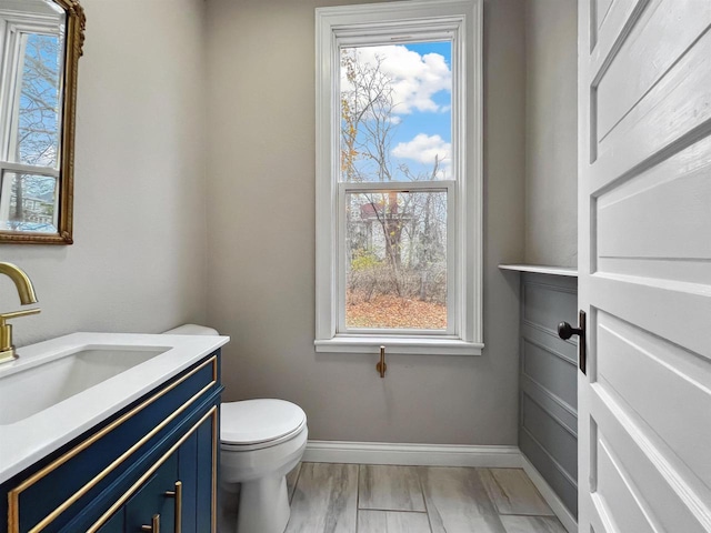 bathroom featuring hardwood / wood-style floors, vanity, and toilet