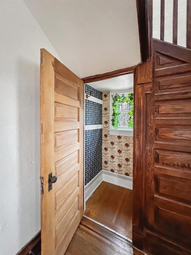 interior space featuring dark hardwood / wood-style floors and lofted ceiling