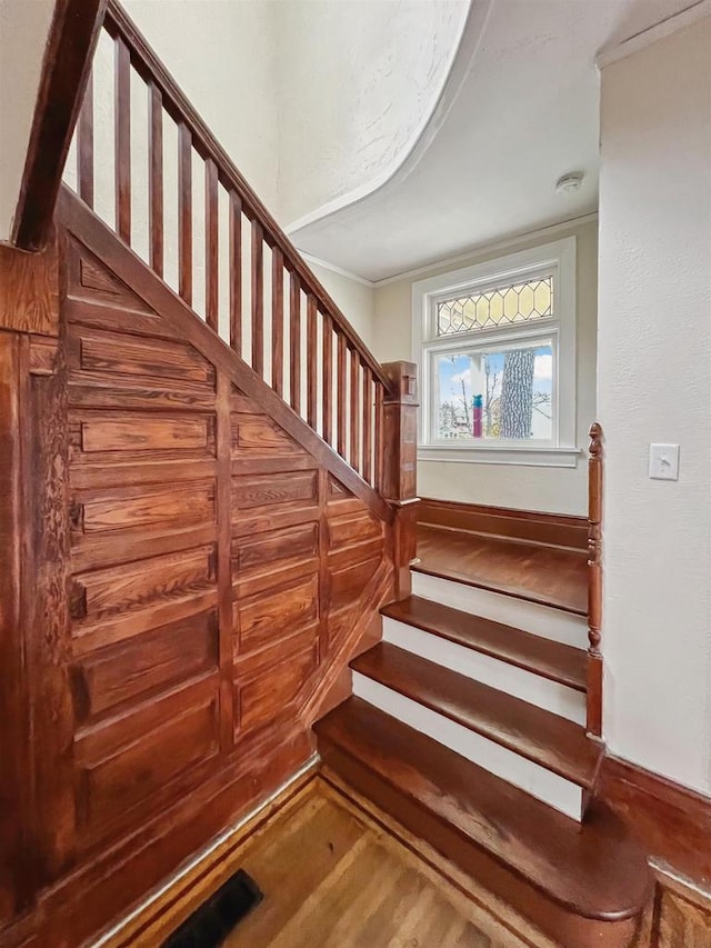 staircase with hardwood / wood-style floors
