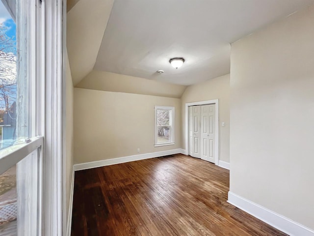 interior space with a closet, wood-type flooring, and vaulted ceiling