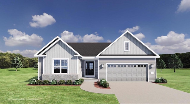 craftsman inspired home with driveway, stone siding, board and batten siding, and a front yard