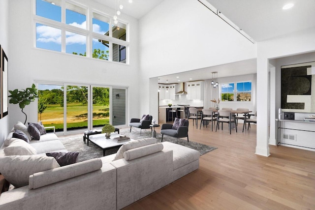 living room featuring a notable chandelier, a healthy amount of sunlight, a high ceiling, and light wood-type flooring