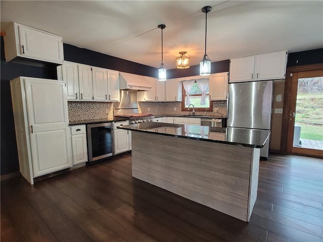 kitchen with wine cooler, white cabinetry, dark hardwood / wood-style flooring, and stainless steel appliances