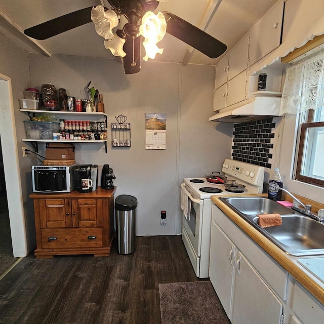 kitchen with dark hardwood / wood-style floors, white cabinetry, white electric range, and ceiling fan