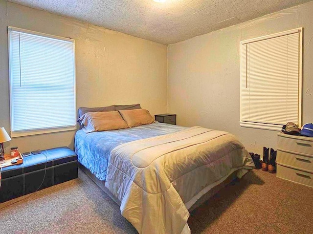 carpeted bedroom with a textured ceiling