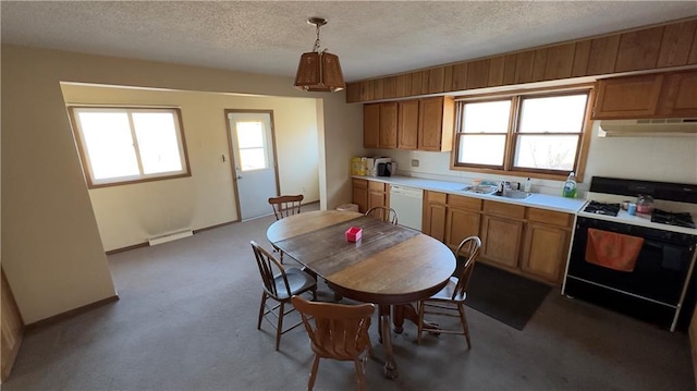 kitchen featuring decorative light fixtures, plenty of natural light, white appliances, and sink