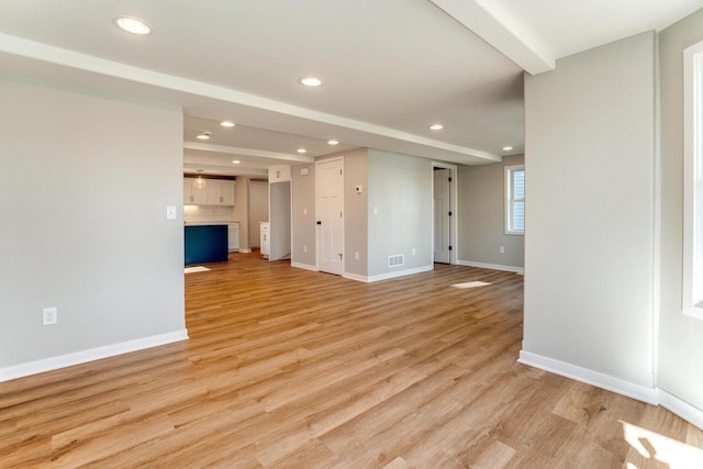 unfurnished living room with beam ceiling and light hardwood / wood-style floors