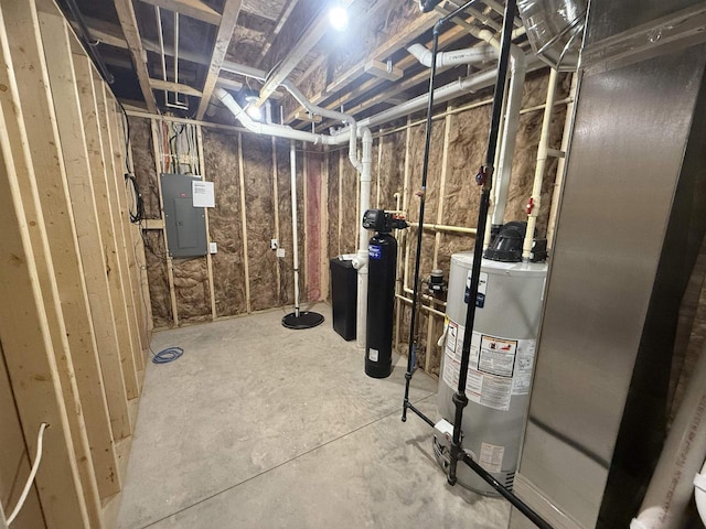 basement with electric panel and water heater