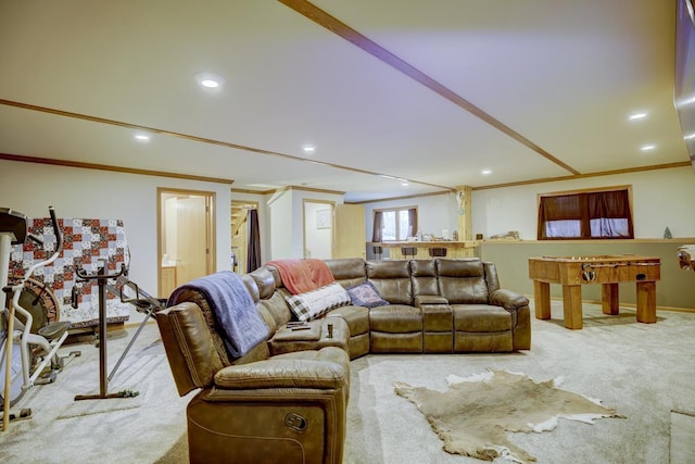 living room with light colored carpet and crown molding