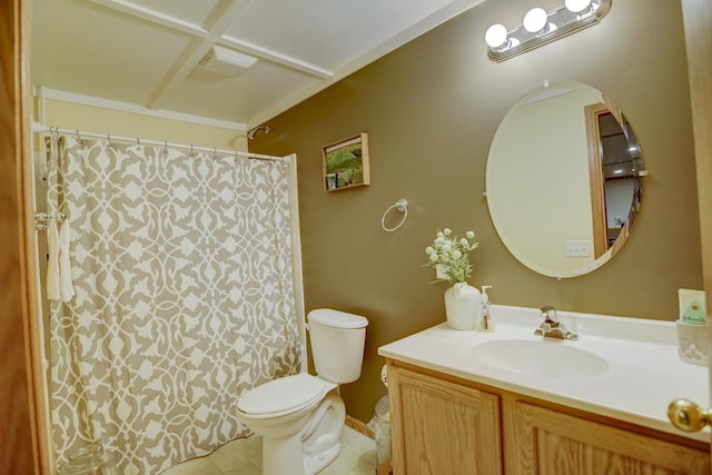 bathroom with tile patterned flooring, vanity, curtained shower, and toilet