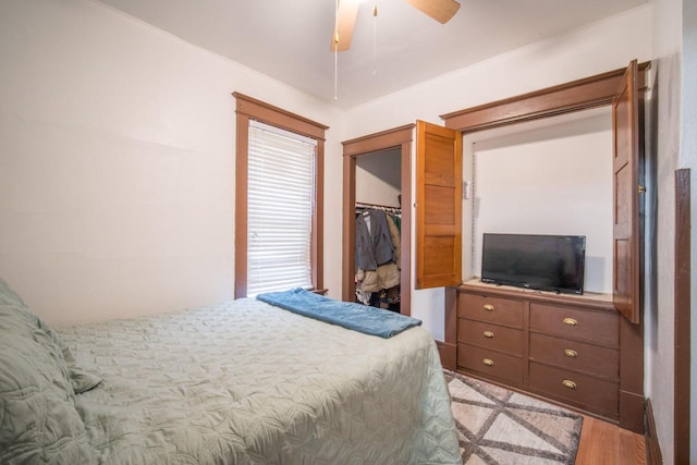 bedroom featuring ceiling fan, light hardwood / wood-style floors, a spacious closet, and a closet