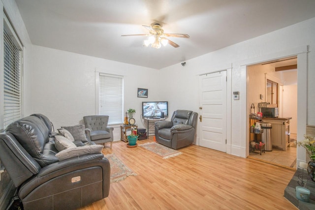 living room featuring hardwood / wood-style floors and ceiling fan