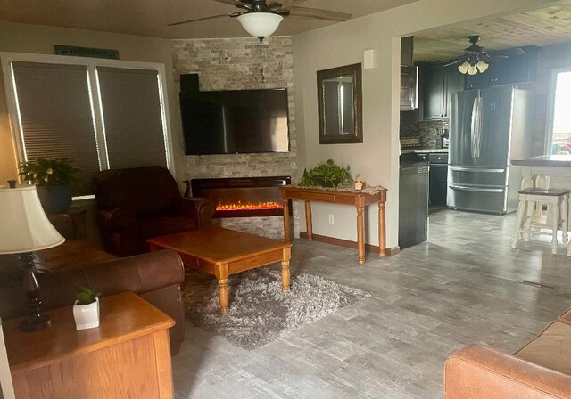 living room with a fireplace and wood-type flooring