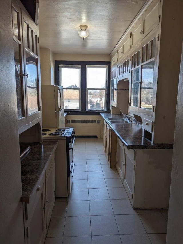 kitchen with sink, plenty of natural light, white appliances, and radiator heating unit