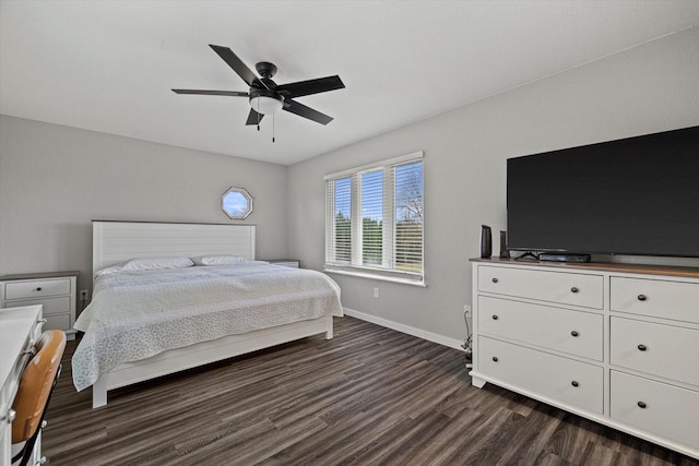 bedroom featuring ceiling fan and dark wood-type flooring