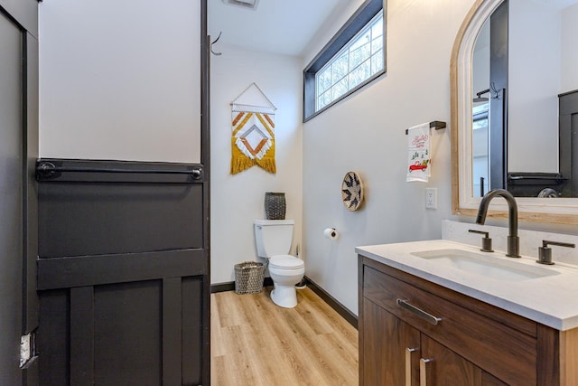 bathroom with vanity, toilet, and wood-type flooring