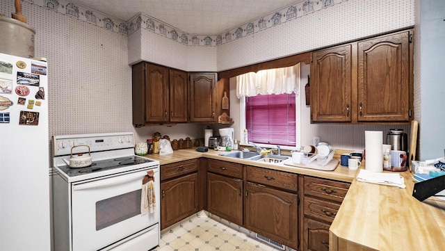 kitchen with a textured ceiling, wood counters, white appliances, and sink